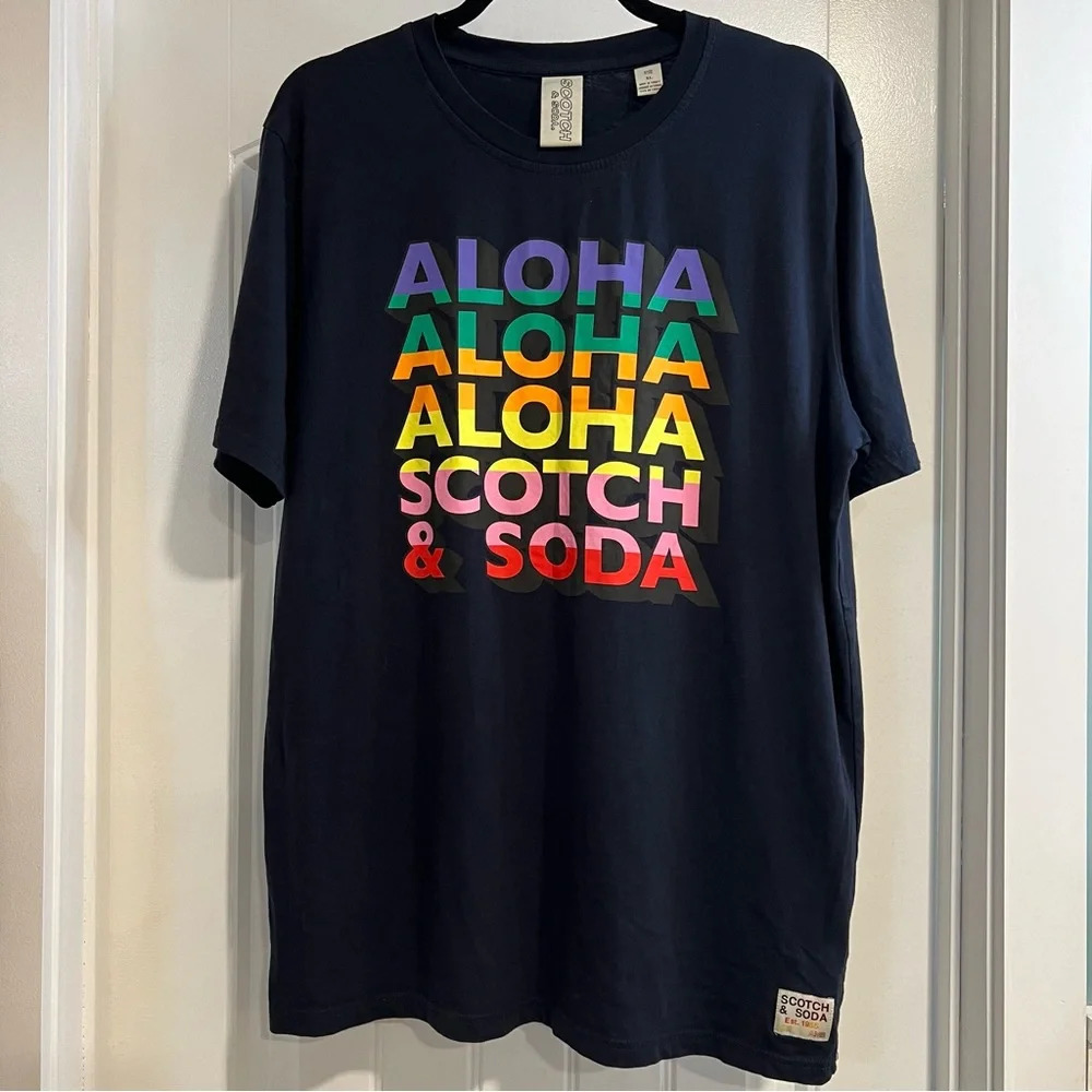 Scotch‎ and Soda Aloha Gradient Artwork Navy T-Shirt Rainbow Art 3D. Size XL.